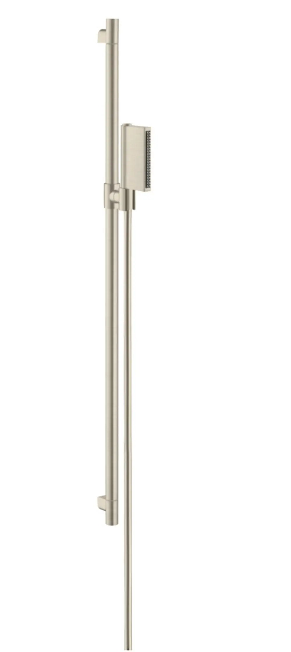 Brauseset von AXOR in gebürstetem Nickel, bestehend aus einer Halterung, einem höhenverstellbaren Rohr und einer Handbrause mit zwei Wasserstrahlarten.